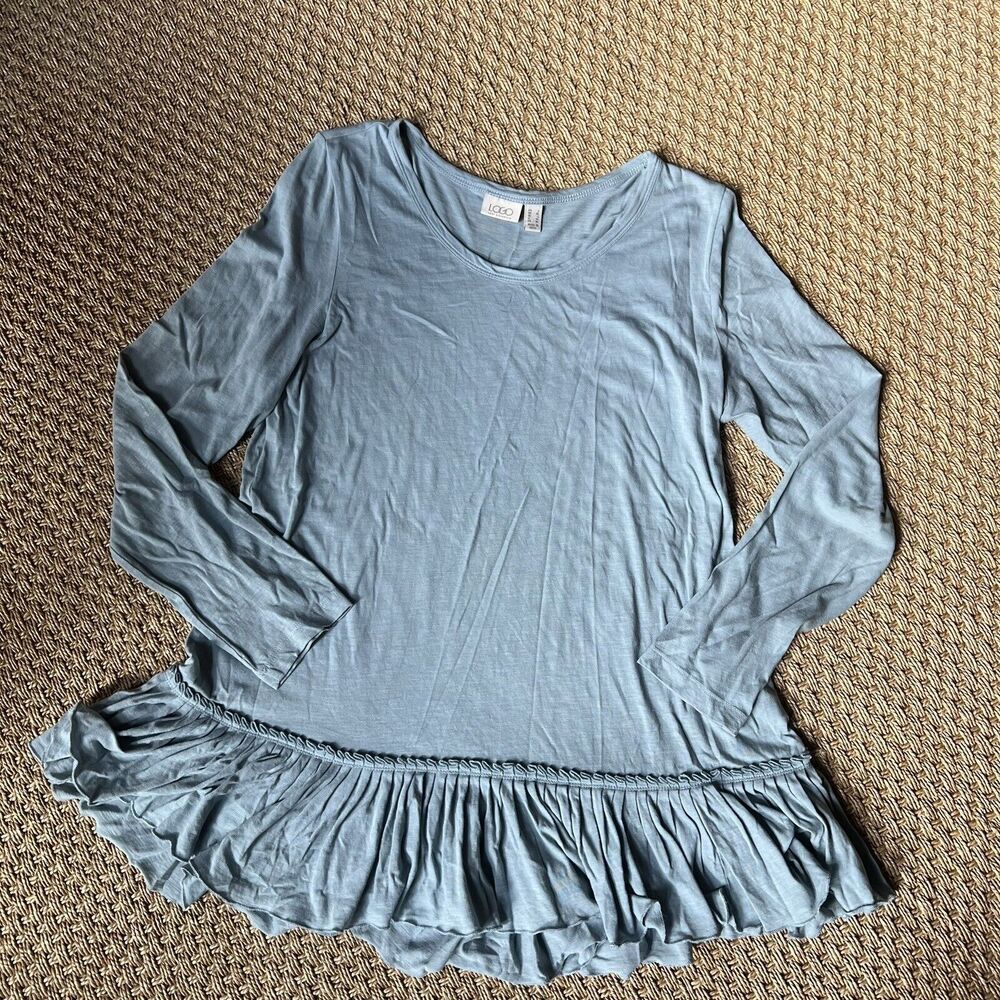 LOGO Lori Goldstein Soft Blue Ruffled Peplum Long Sleeve Top Women’s Large